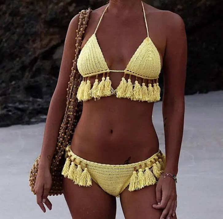 

Fringe Bikini Set Handmade Crochet Swimwear Bandge Swimsuit Sexy Women Thong Brazilian Knitting Biquini Bathing Suit