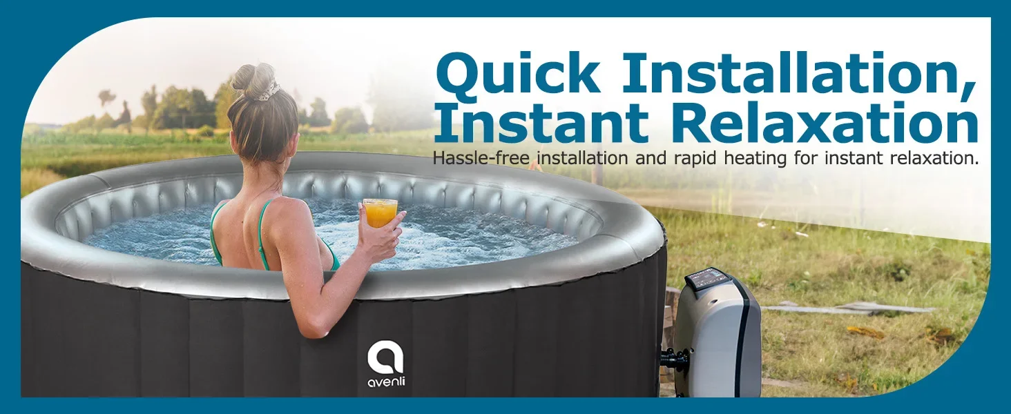 woman holding a drink sitting inside the hot tub spa. Text: Quick Installation, instant relaxation