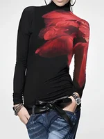 Female Stylish Printed High Neck T-Shirts 2024 New Autumn Winter Long Sleeves Loose Fit Casual Pullovers Tops For Women