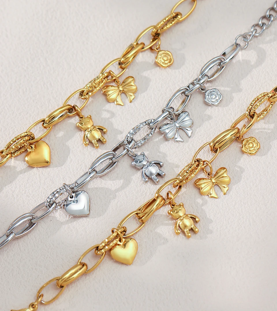 Edelstahl-Kettenarmband für Damen, 18 Karat vergoldet, wasserdicht, nicht anlaufend, Damen-Armbänder mit Herz-Bär-Blumen-Schleifen-Charms – Detail 3