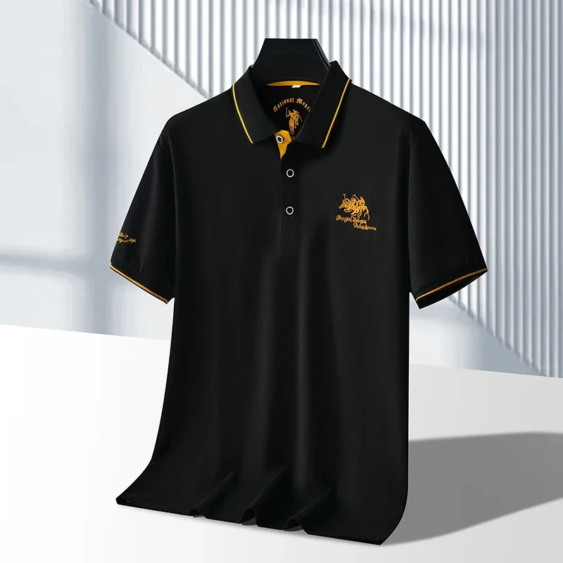 Polo da uomo in tinta unita ricamata a maniche corte casual da lavoro, alla moda, traspirante, confortevole, estiva, versatile - immagine 2