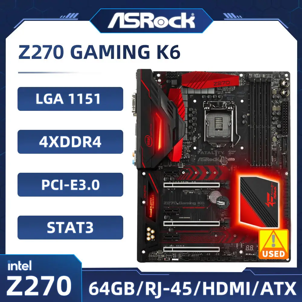 Placamãe de jogos, ASRock Z270, K6, 4 × DDR4, 64GB, PCIE 3.0, 2 × M.2
