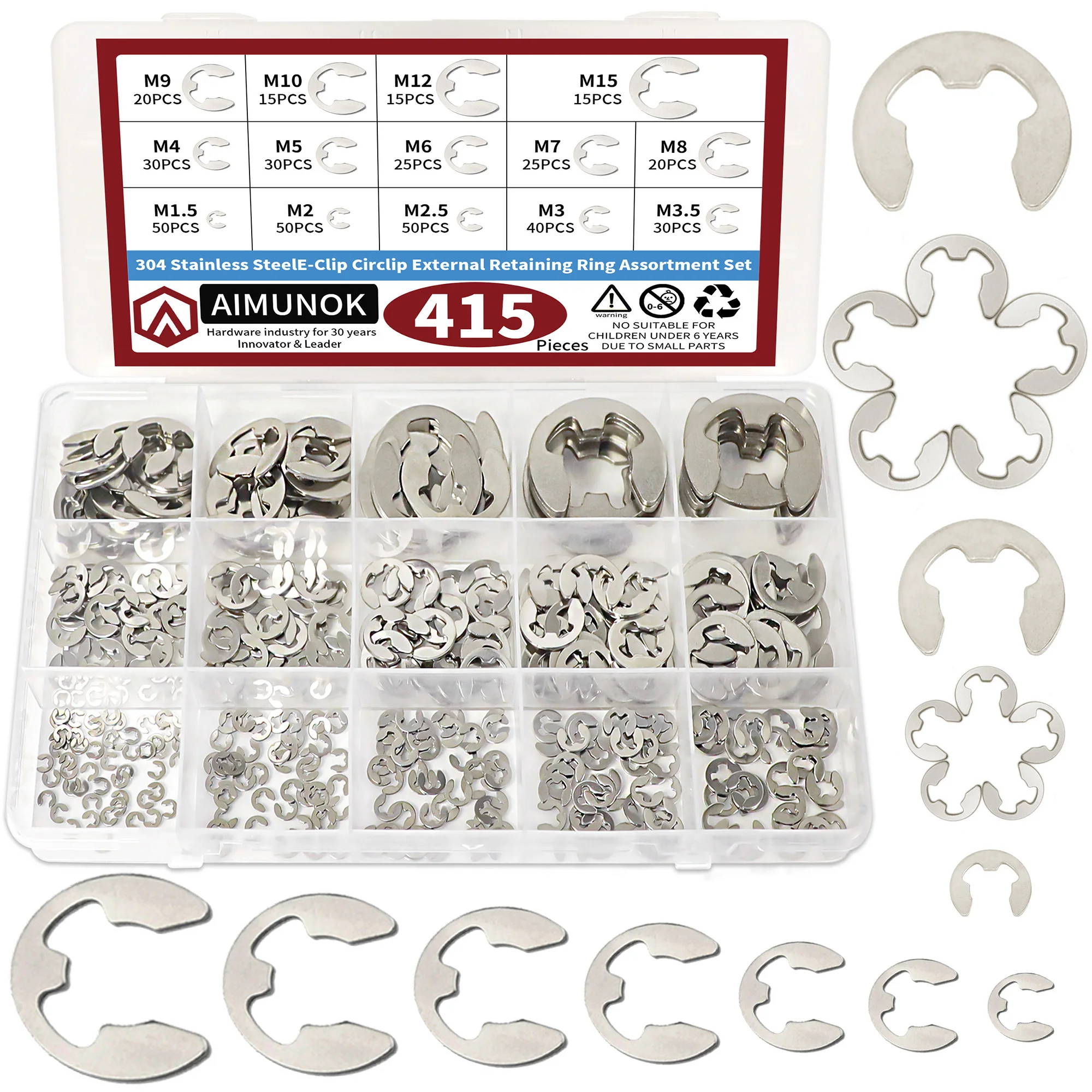 Aimook-e-clip Externo Retenção Snap Anéis Sortimento Grupo 304 Aço Inoxidável C-clip Kit 14 Tamanhos Sae Circlip s 415 Pcs