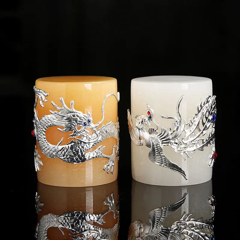 

Inlaid Silver Jade Cover Set Kung Fu Dragon Tea Rack Tea Ceremony Accessories Tea Table Ornament Jade Cylindrical Solid Vase