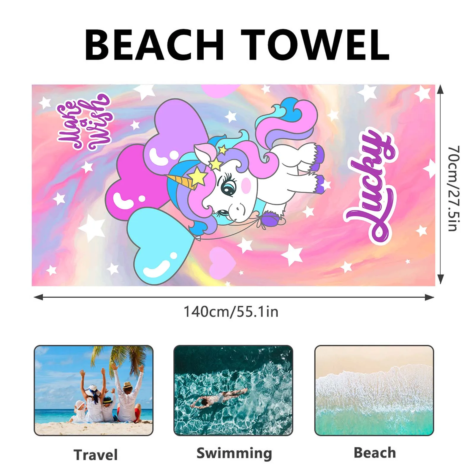 Name Benutzerdefiniertes Cartoon-Strandtuch Niedliches Einhorn Weiche Mikrofaser Reise-Camp-Handtuch Saugfähiges, schnell trocknendes Badetuch Geschenk für Mädchen – Detail 15