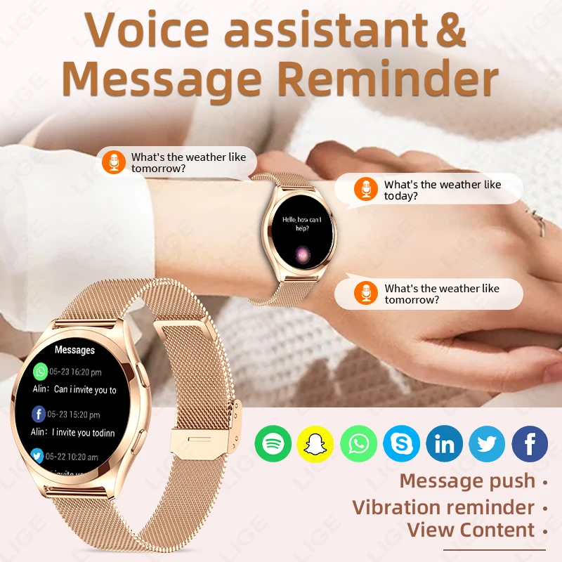 LIGE New Smart Watch Ladies Custom Dial Clock Heart Rate Blood Oxygen Women's Health Smartwatch AI Voice Calling For Android iOS