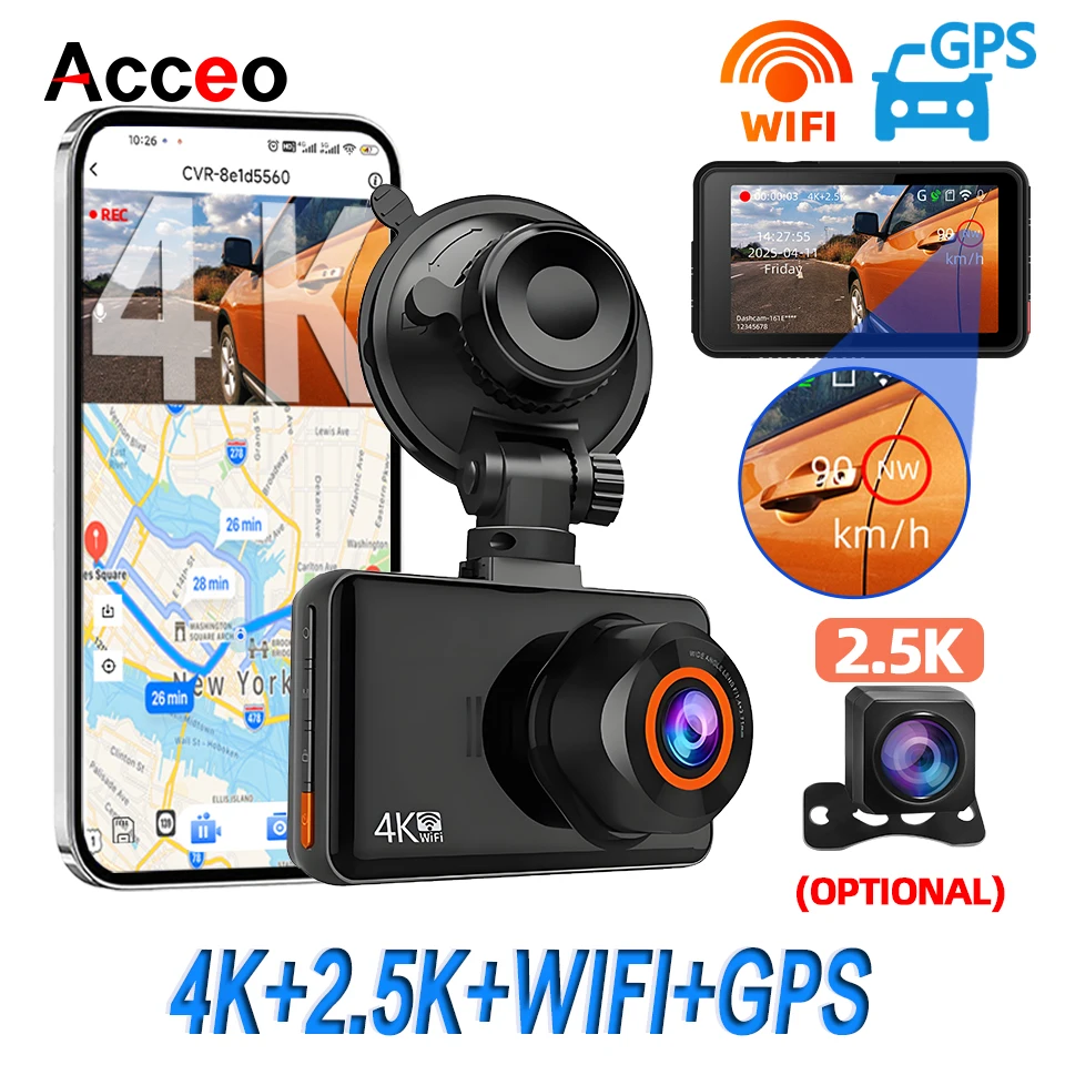 ACCEO 대시캠 WIFI GPS 미니 차량용 DVR 전방 4K 및 후방 1080P 듀얼 렌즈 블랙박스 실내 카메라 야간 시야 24시간 주차 모니터링