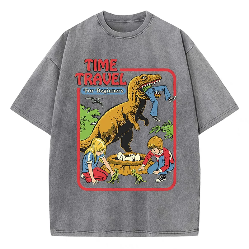 Stealing Dinosaur Baby Caught Washed Retro Men Tshirts Cotton Casual Short Sleeve Fashion Breathable Loose Oversized T-Shirt