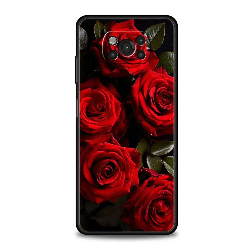 Elegant Soft Black Phone Case with Beautiful Red Rose Design
