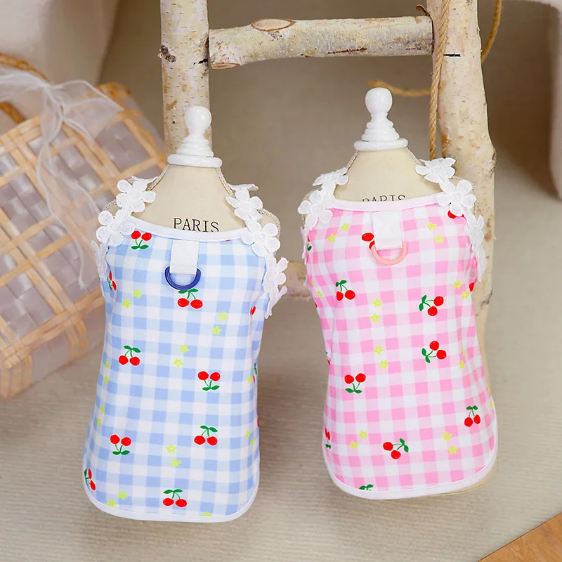 Plaid Pet Sling Summer Cherry Full Print Dog Vest Puppy Cool Vestiti Comodi Teddy Yorkshire Abbigliamento