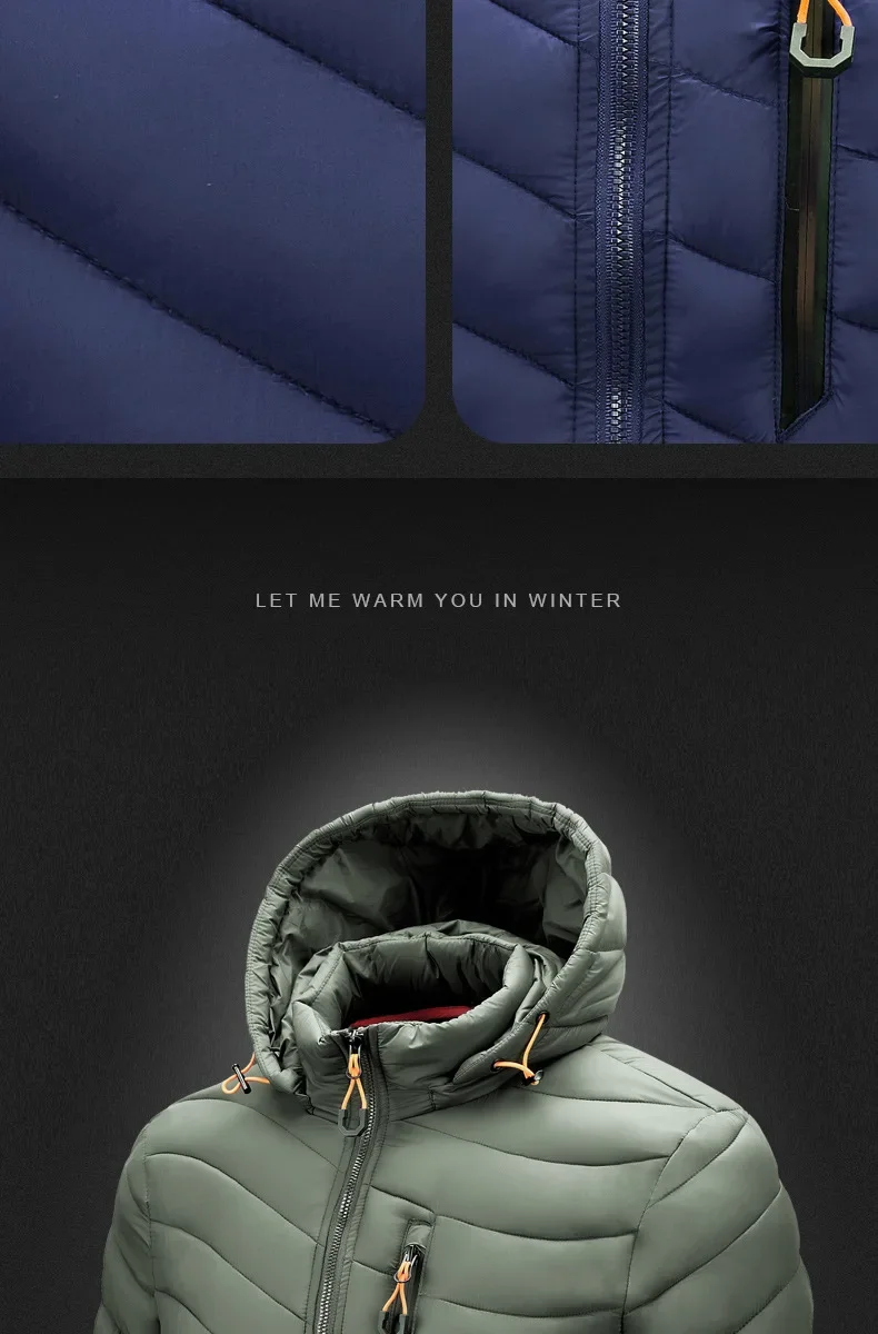 Men's Winter New Solid Color Casual Lightweight Warm Detachable Hooded Zipper Stand Collar Cotton-padded Clothes , Young Man