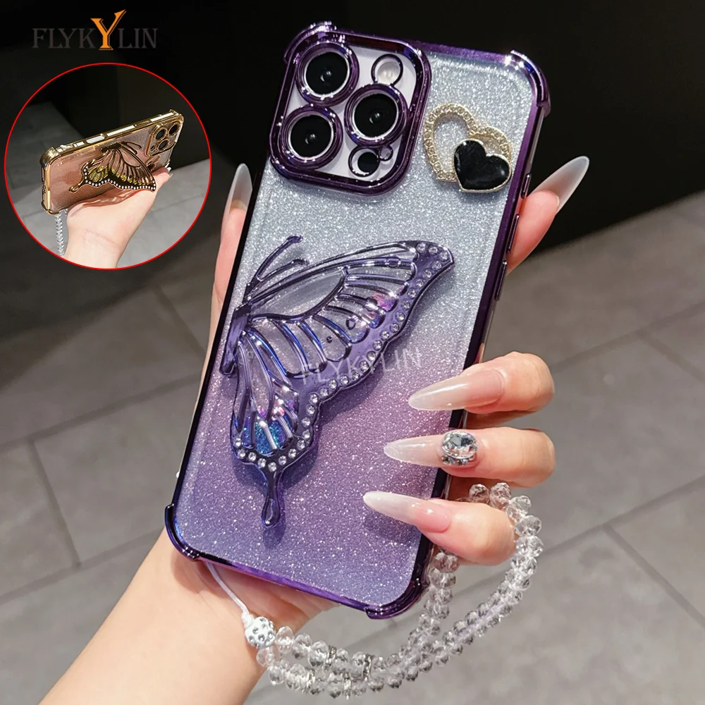 Elegant Butterfly Bracket Crystal Chain Phone Case - Luxury Protective Cover