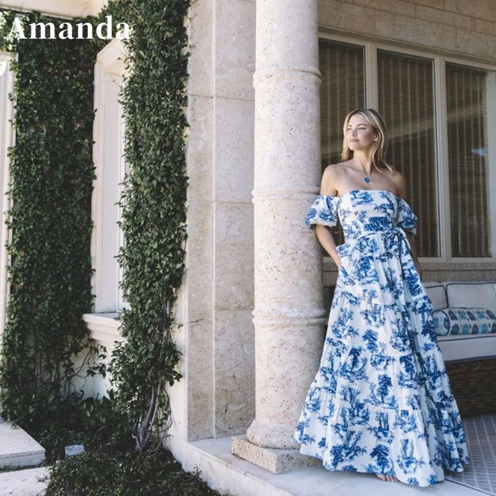 

Amanda Off Shoulder Evening Dress A-line Prom Dress 2023 Puffy Sleeve Party Dress Blue And White Porcelain فساتين مناسبة رسمية