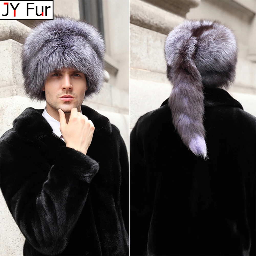 Men Real Fox Fur Beanies Hat Mongolian Hat Unique Process Fox Tail Design Luxury Winter Warm Hats For Fashion Men Bomber