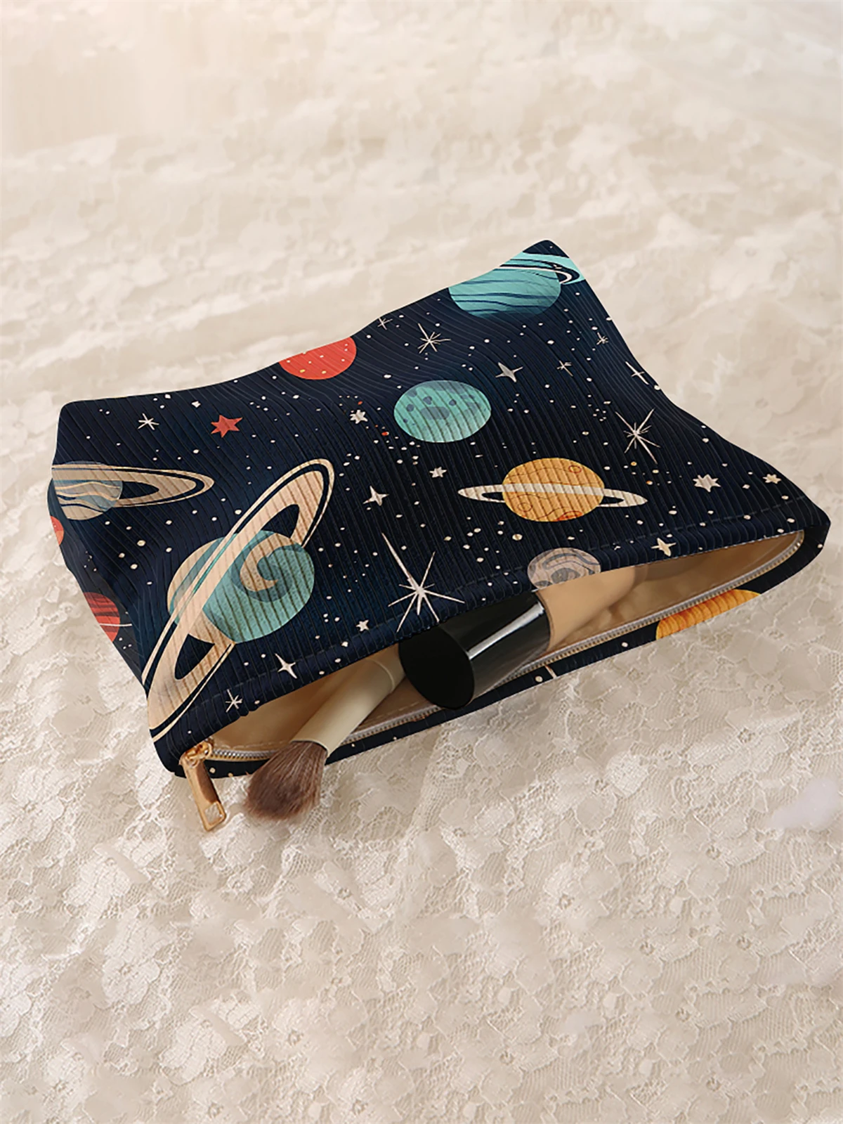 1 planet patterned corduroy makeup bag, lightweight zipper makeup storage box, multifunctional bag with lining
