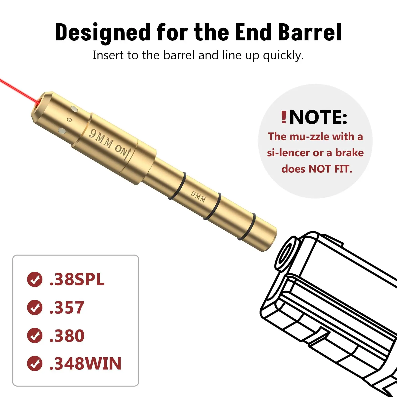 MidTen 9MM/.380/.38SPL/.348WIN/.357Cal Red Laser Bore Sighter End Barrel Compatible with all Devices Batteries Spare O-Rings