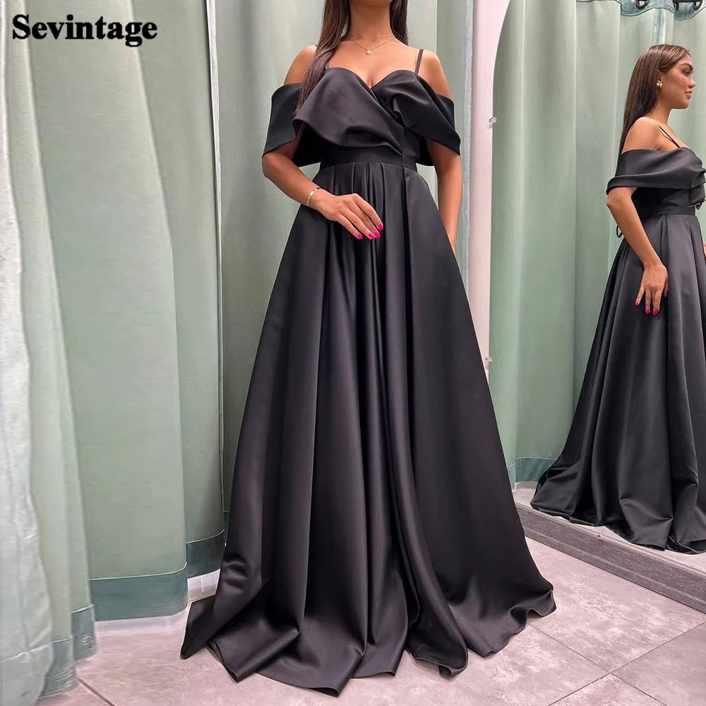 

Черные атласные длинные платья Sevintage для выпускного вечера, вечерние платья с открытыми плечами из Саудовской Аравии, свадебное платье принцессы на шнуровке, 2022