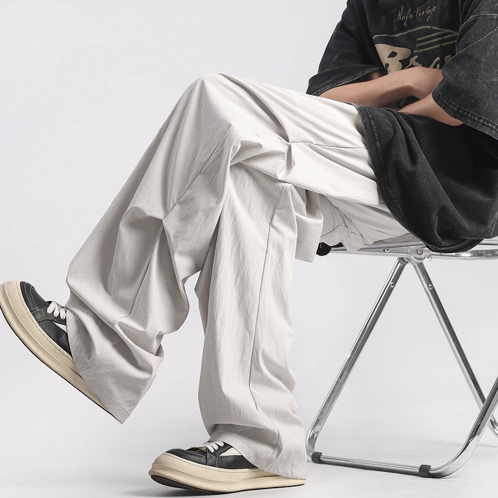 Summer Ice Silk Pants Fashion Solid Color Lightweight Breathable Parachute Soldier Pants Loose Straight Leg Casual Pants for Men