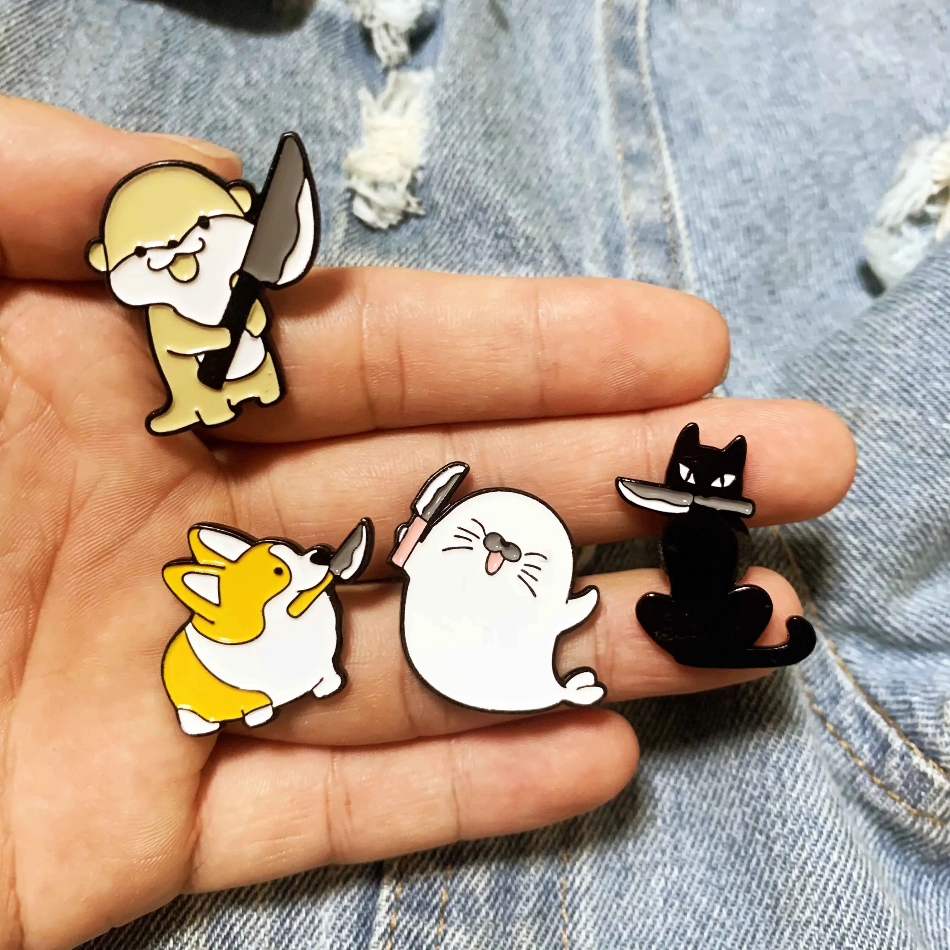 Animal with Knife Enamel Pins Corgi Cat Sea Lion Cute Brooch Lapel