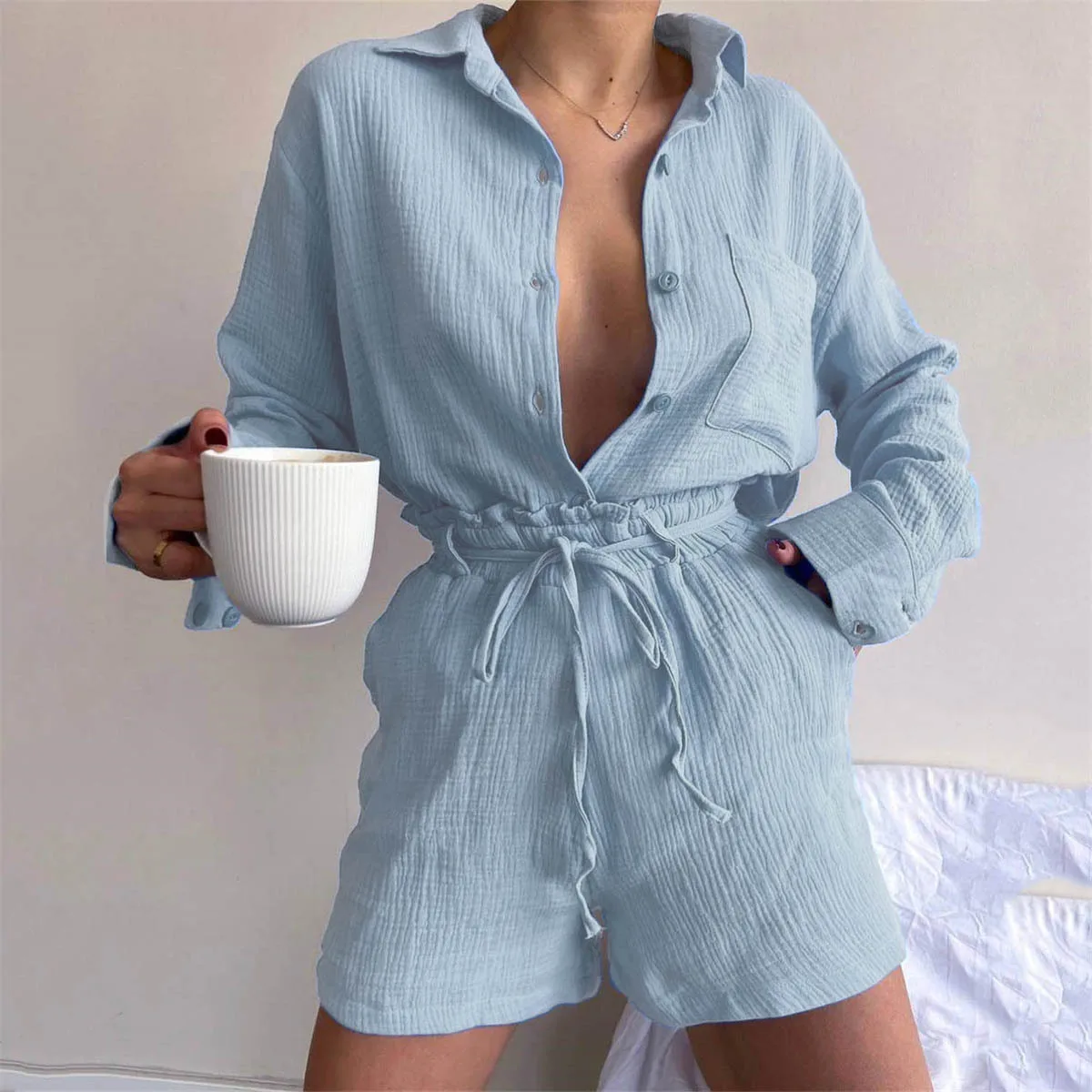 Solid 2 Pieces Set Cotton Outfits Summer Clothes Women Long Sleeve Turn Down Collar Pockets Button Shirts Tops Female Clothing