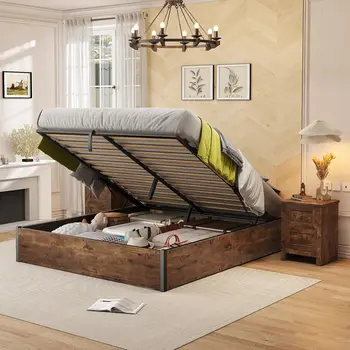 Lift Up Storage Bed, Queen Bed Frame with Storage Underneath, Wooden Platform Bed Frame, Solid Wood Slats Support, No Fixed 1