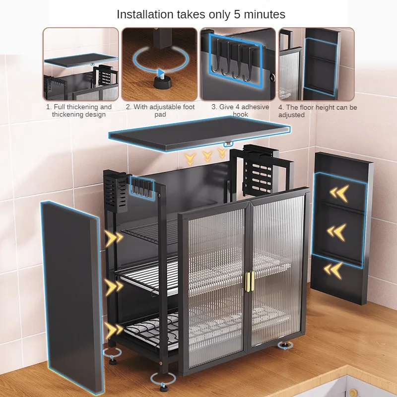 Modern Kitchen Storage Cabinet With Plastic Doors &ndash; Iron Frame Countertop Organizer for Dishes Utensils