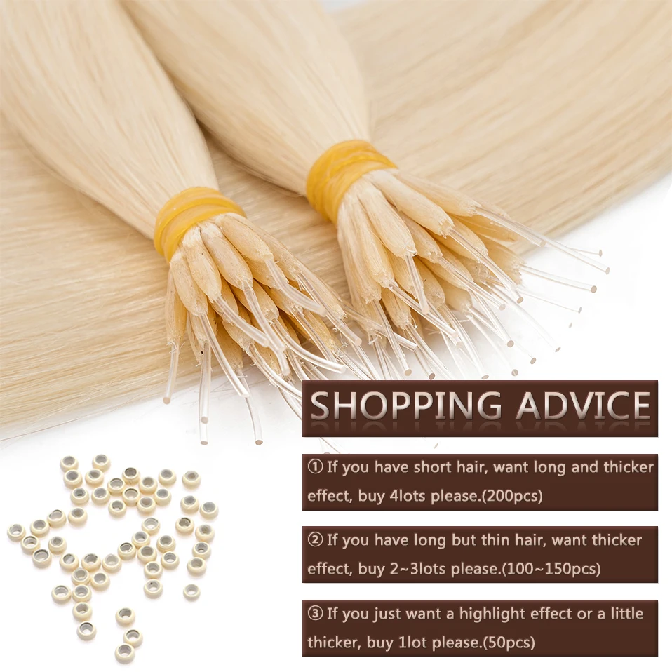 S-noilite Remy Hair 1g Elastic Rope Micro Loop Human Hair Extensions Microlink Micro Ring 50 Strands/Pack Straight Natural
