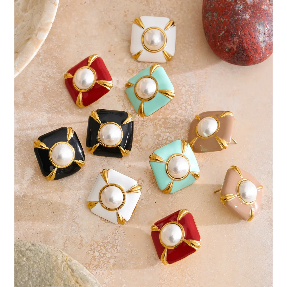 Yhpup Multi-Color Enamel Simulated Pearls Square Stud Earrings