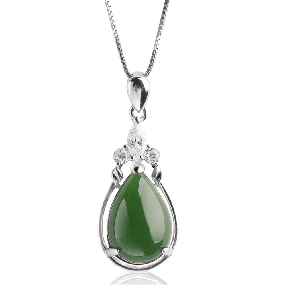 

Genuine 925 Silve Natural Green HeTian Jade Beads Water Drop Lucky Pendant Chain Necklace Certificate Vintage Charm Gift Jewelry