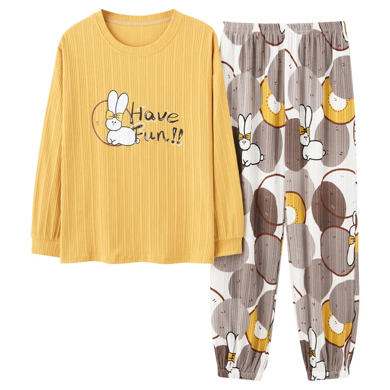 2022 New Spring And Autumn Winter Pajamas Women's Long Sleeved Pure Cotton  Cartoon Cute Loose Large Home Clothes Set