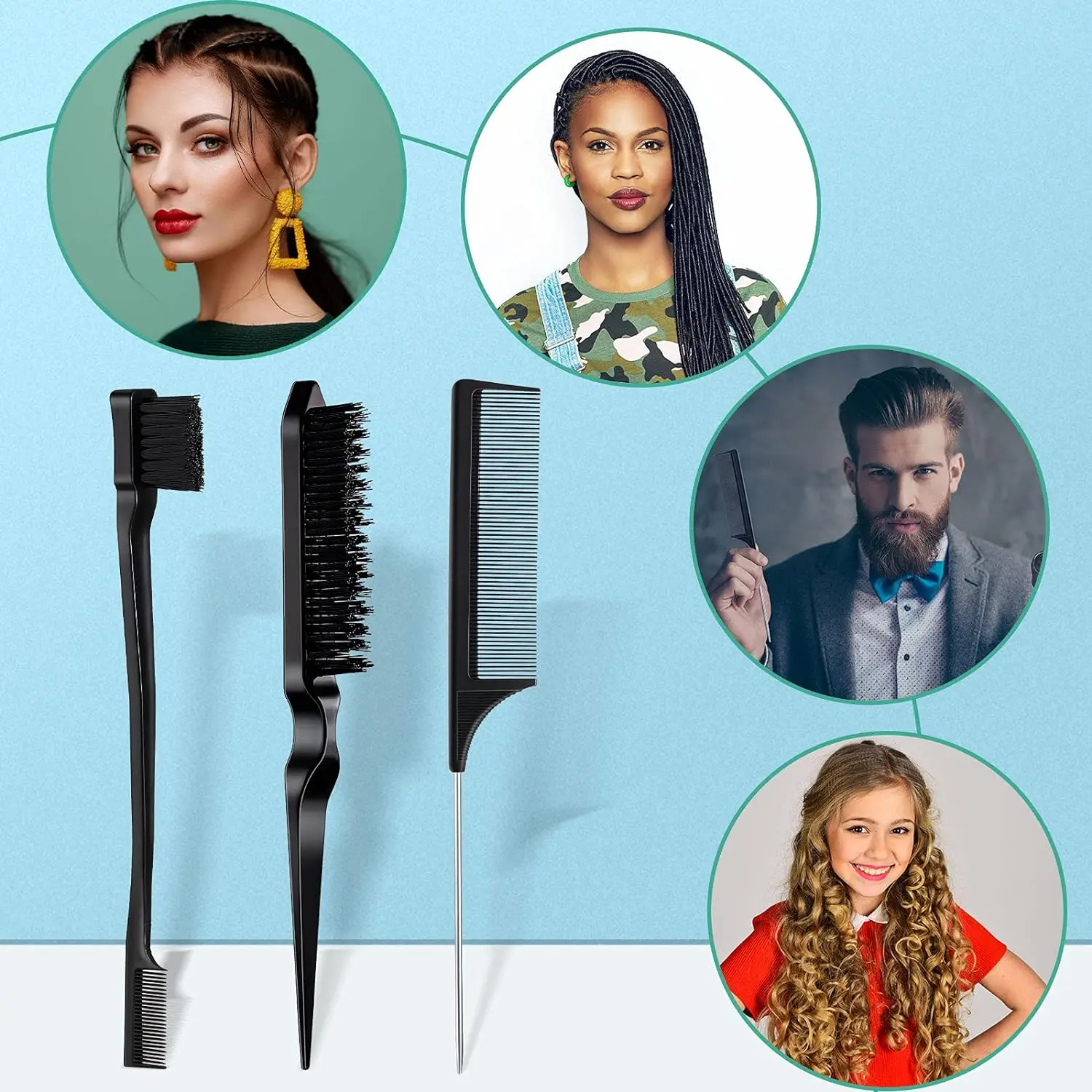 3 Pcs Slick Back Hair Brush Set Bristle Hair Brush Edge Control Brush Teasing Comb for Women Baby Kids' Black Hair 6