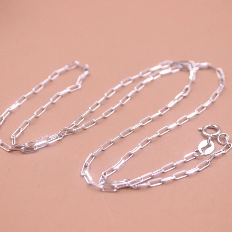 

AU750 Pure 18K White Gold Chain Women Lucky Long Square Link Necklace 3.1-3.2g /45cm