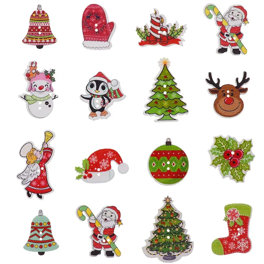 50pcs DIY 2 Holes Wooden Buttons Wood Christmas Decorative Cartoon Handmade Scrapbooking For Craft Supplies Sewing Accessories