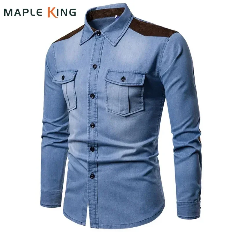 Denim Shirt Men Long Sleeve Casual Cotton Jeans Slim Suede Matching Solid Pocket Tops