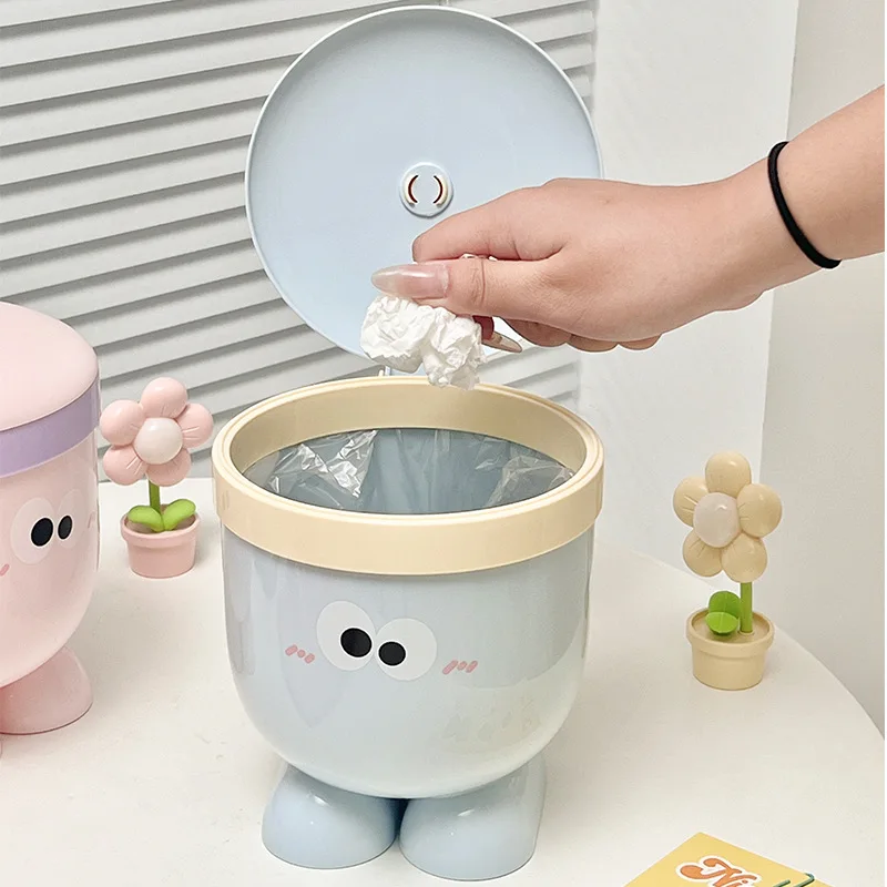 Creative Cartoon Desktop Trash Can with Lid for Household or Dorm Use