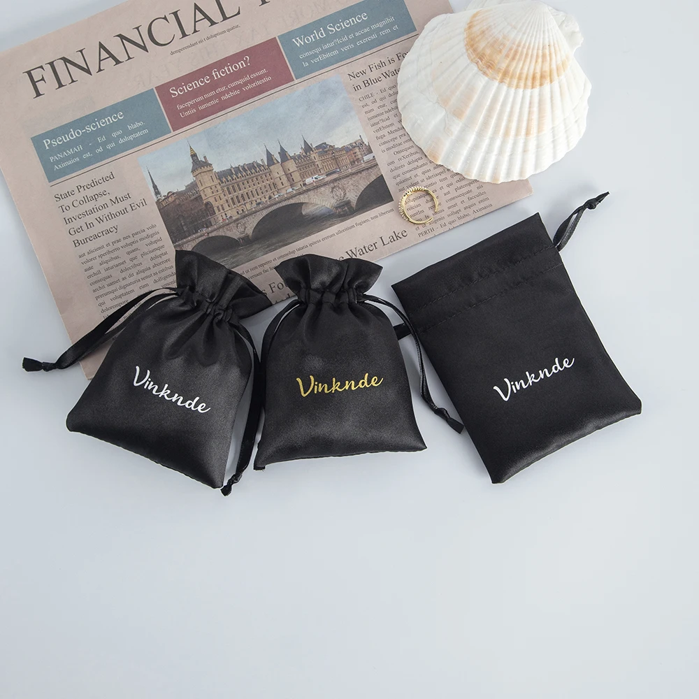 Satin Silk Jewelry Pouches Custom Logo Size Black Drawstring Earrings Bracelet Packaging Organizer Gift Bag for Wedding Bulk 100