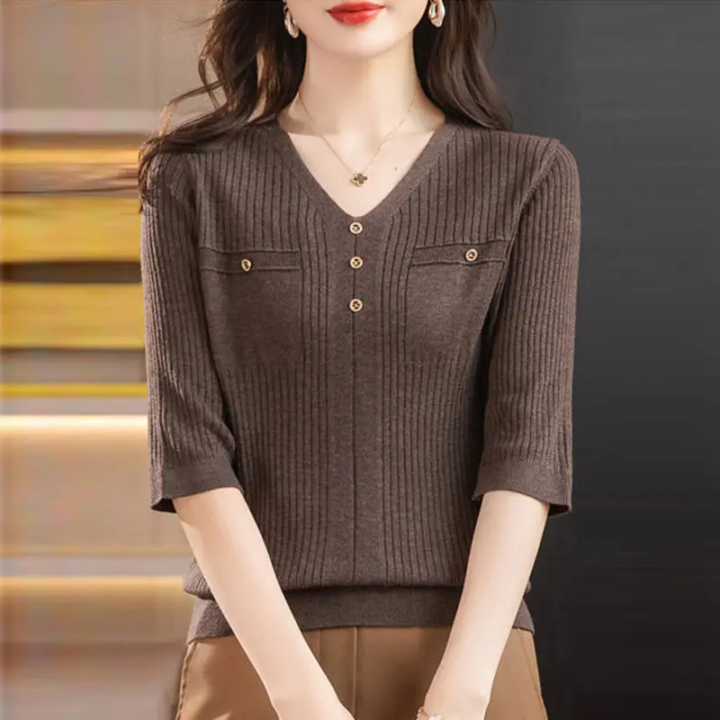Sweater female diamond check loose thin sweater Korean V-neck  1863