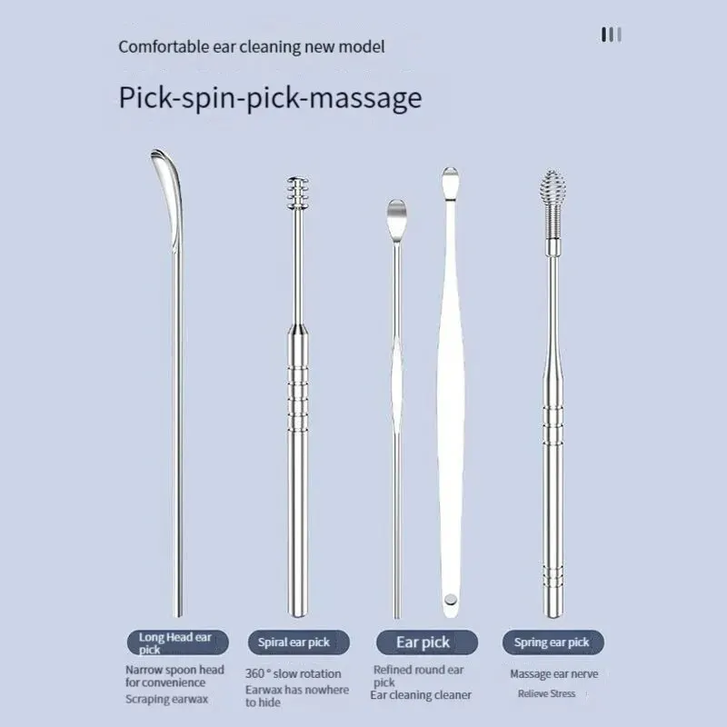 Ear Wax Cleaner Earwax Removal Kit 6 Pcs Cleansing Tool Set Curette Cleaner 360&deg; Spiral Design Canal Cleaner Stainless Steel Ear Pick