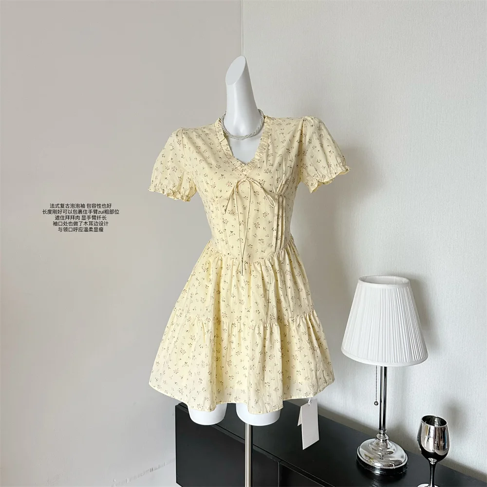French Floral Printed Short Dresses for Women Y2K V-neck High Waist Birthday Party Dress Korean Chic Prom A-line Summer Vestidos