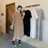 Plus Size Casual Midi Dress Women Summer Hot Sale Of The Season Loose Solid Color Knee-Length Slit T-Shirt Dress Polyester Fiber