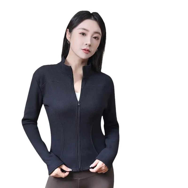 새로운 양털 벨벳 스포츠웨어 여성용 가을 겨울 요가 스탠드 칼라 더블 아크 커브 타이트 탑 지퍼 엘레강스 오픈 가디건