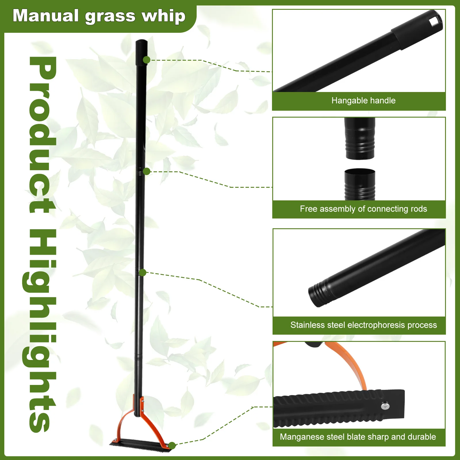 Grass Whip with Double-Edged Serrated Sharp Steel Blade Manual Weed Grass Cutter with 30 Inch Handle Handheld Garden Hoe Tool 2