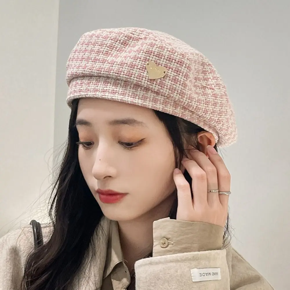 

Retro Love British Style Autumn Winter Painter Hat Heart Newsboy Hat Houndstooth Berets Warm Cap Women Cap Korean Style Hat