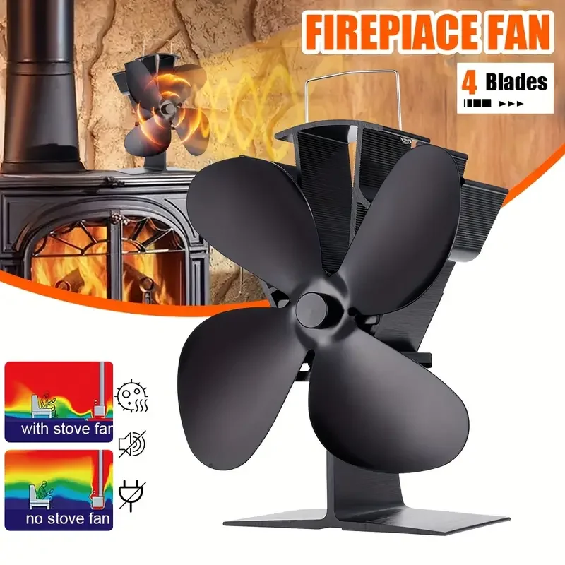 Wood Stove Fan Thermal Powered Silent Motor 4 Blade Non-Electric Thermal Activated Fireplace Fan with Stand and Thermometer