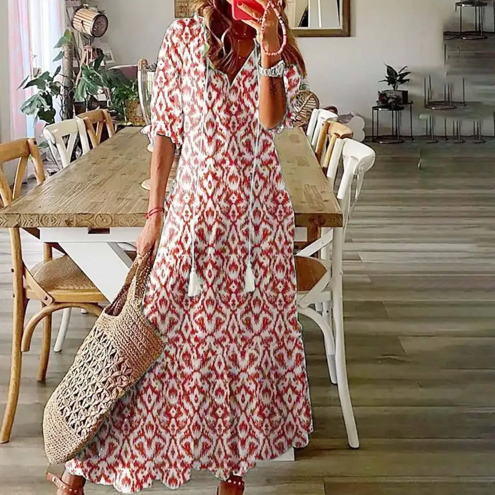 

Women Summer Dress Bohemian Style Half Sleeves Tassel V Neck Loose Dress Printed A-line Big Hem Vacation Beach Maxi Dress