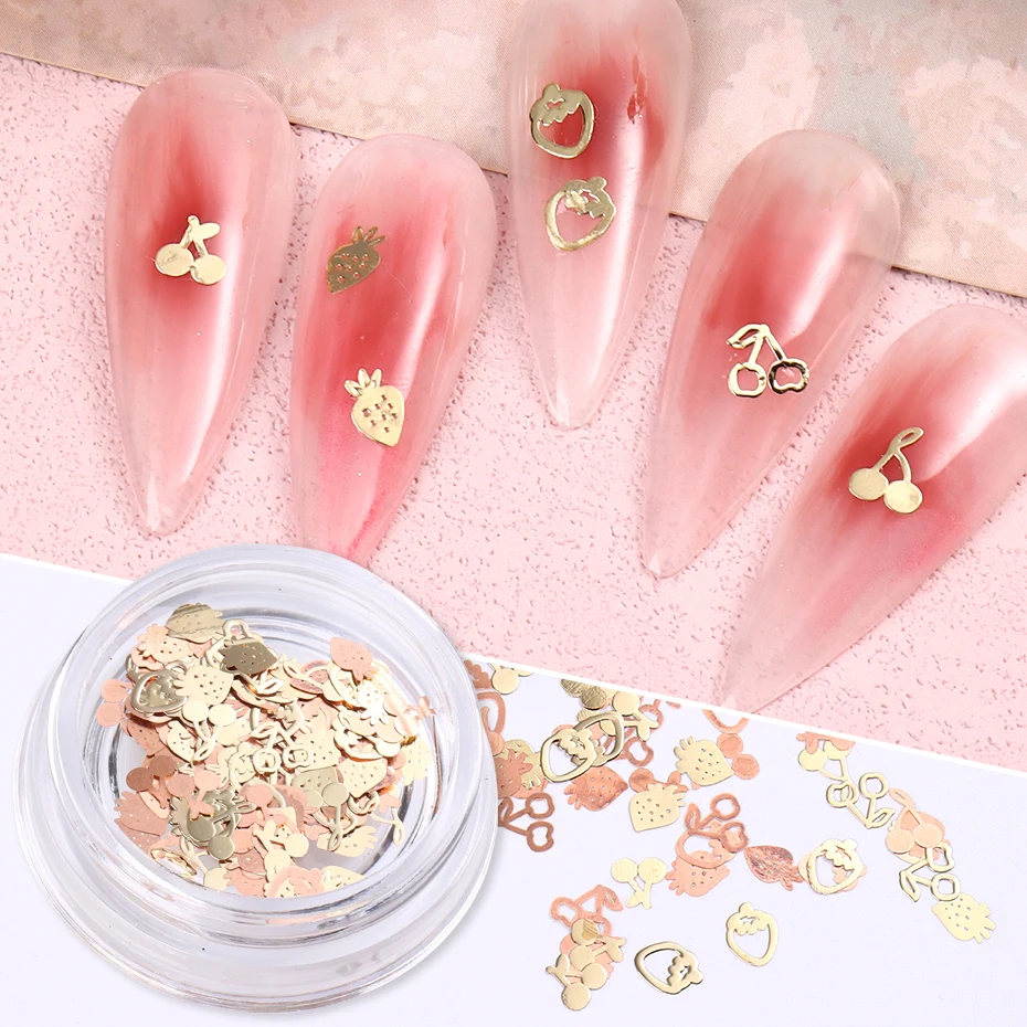 Summer Fruit Metallic Nail Slice Cherry Strawberry Mermaid Decalcomanie Ultrasottili Flakes Metal Gold Diy Charm Manicure Decor Supplies