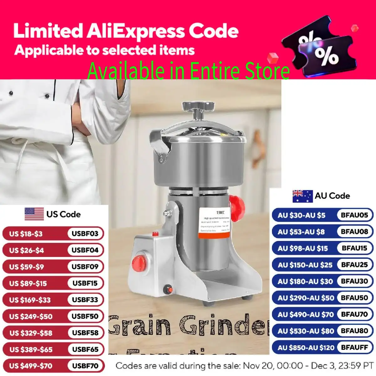 1500g Electric Grain Grinder Mill with Timing Function 4100W High Speed Commercial Pulverizer Dry Herb Grain Spice Coffee Seeds