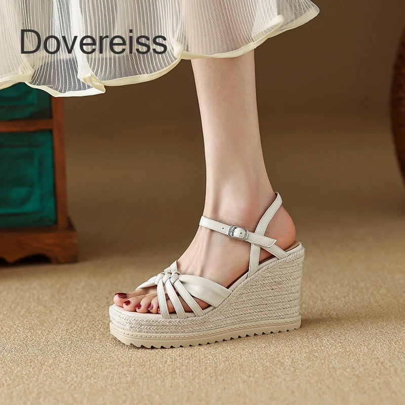 

Dovereiss 2023 Fashion Women Shoes Summer Consice Genuine Leather 10CM Wedges Elegant Narrow Band Yellow White Platform Sandals