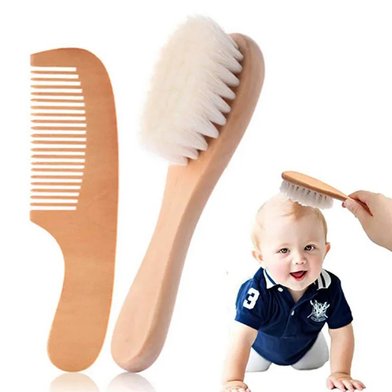 Hair Comb Set 2Pcs/Set Beech Comb Wool Brush Flat Comb Portable Baby Shampoo Brush Wool Soft