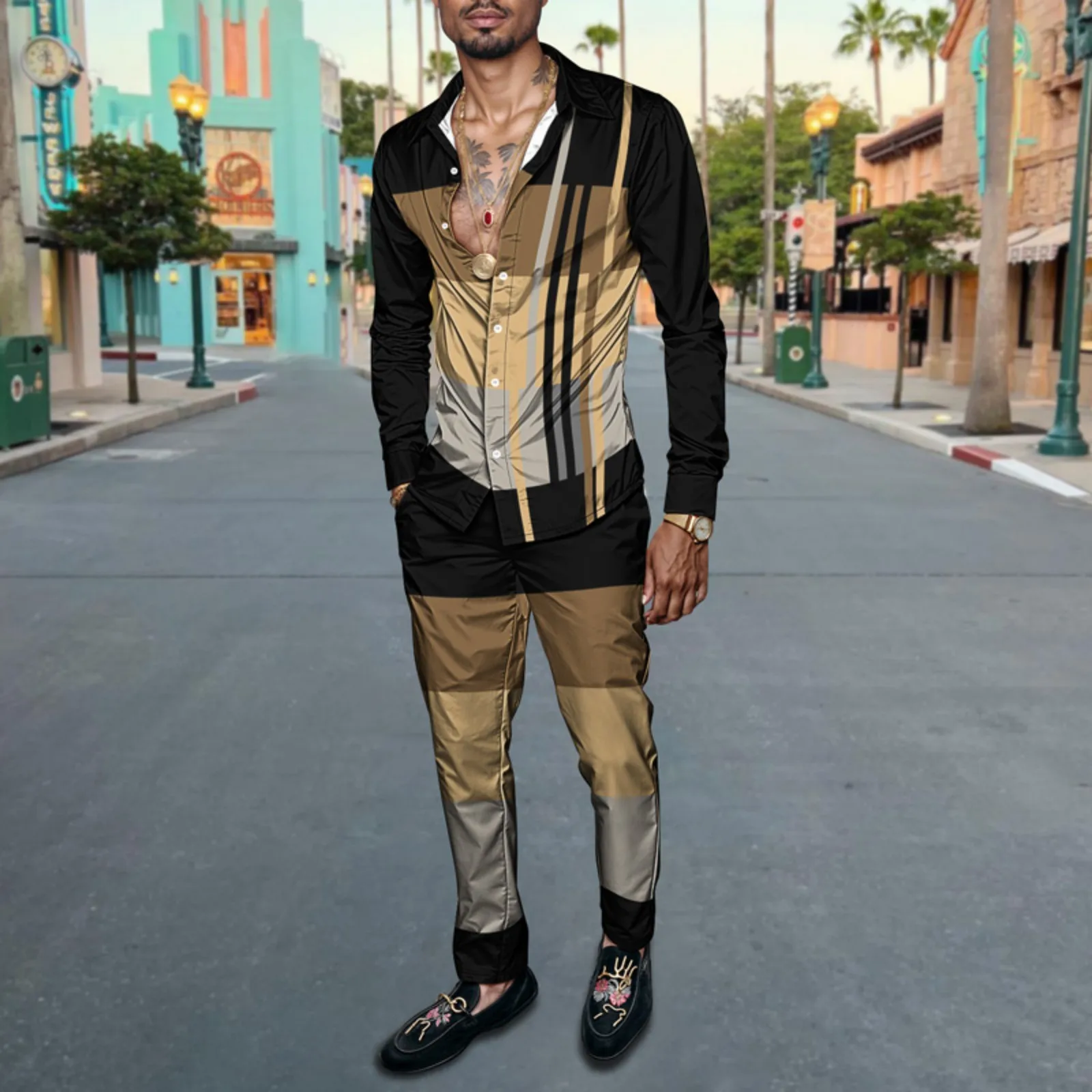 2025 Trendy Men Shirt Set Geometry Print Summer Fashion Simple Two Piece Set Mens Gradient Lightweight Party Long Sleeves Suit_voghion.com